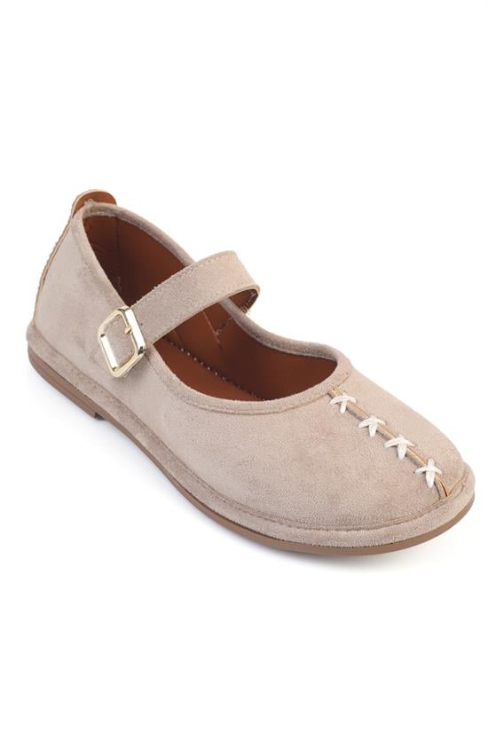 Capone Lauretta Suede Look Wrapped Edge Buckle Women Sued Mink Ballet Flat