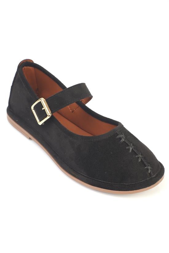 Capone Lauretta Suede Look Wrapped Edge Buckle Women Suede Black Ballet Flat image 1