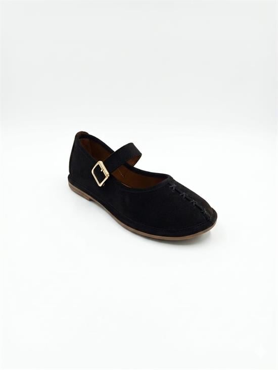 Capone Lauretta Suede Look Wrapped Edge Buckle Women Suede Black Ballet Flat