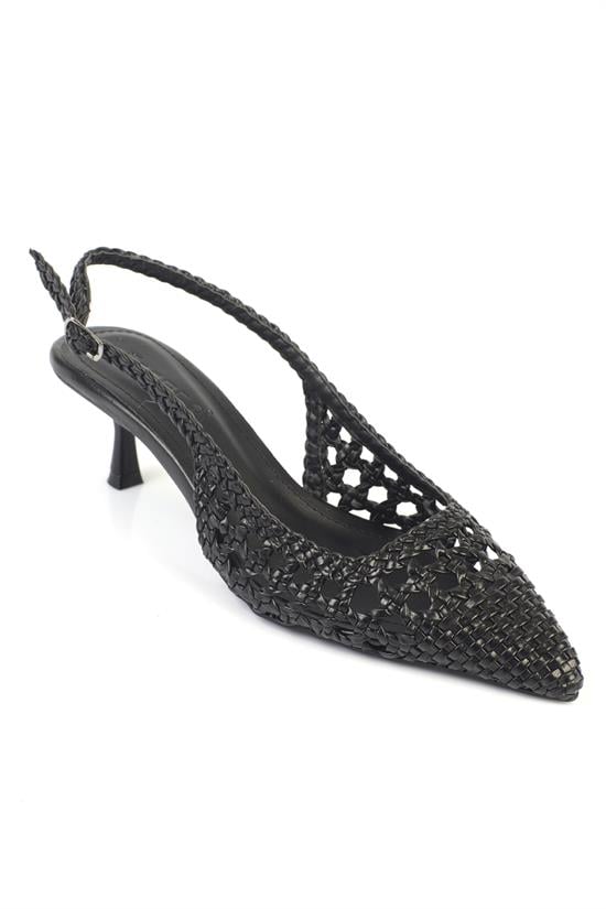 Capone Laurie Woven Pointed Toe Open Back Mid Heel Women Black Shoe