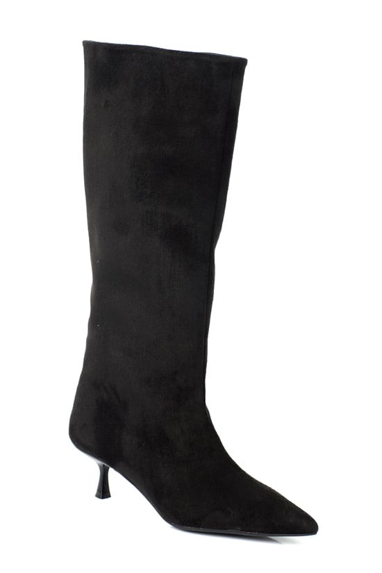 Capone Leila Side Zip Pointed Toe Elegant Mid Heel Women Sued Black Boot