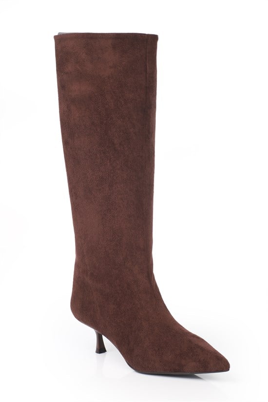 Capone Leila Side Zip Pointed Toe Elegant Mid Heel Women Sued Brown Boot