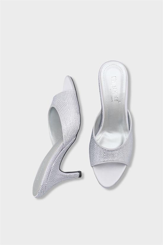 Capone Lenore Crystal Embellished Wedge Mid Heel Satin Women Silver Sandal image 6