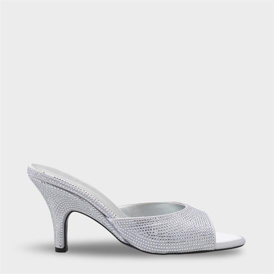 Capone Lenore Crystal Embellished Wedge Mid Heel Satin Women Silver Sandal image 2