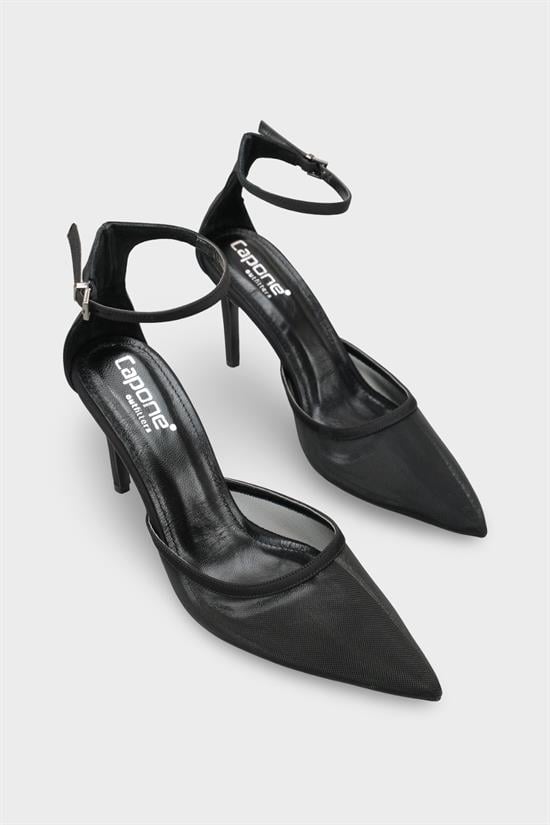 Capone Letitia Genuine Leather Lined Pointed Toe Mid Heel Mesh Satin Women Satin Black Shoe image 3