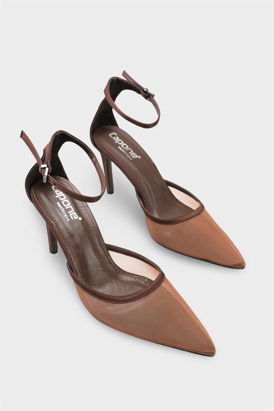 Capone Letitia Genuine Leather Lined Pointed Toe Mid Heel Mesh Satin Women Satin Brown Shoe image 3
