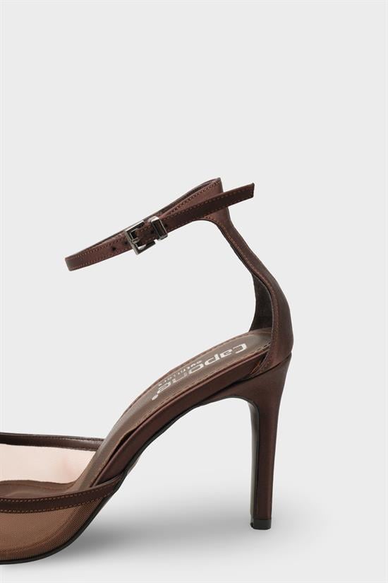 Capone Letitia Genuine Leather Lined Pointed Toe Mid Heel Mesh Satin Women Satin Brown Shoe image 5