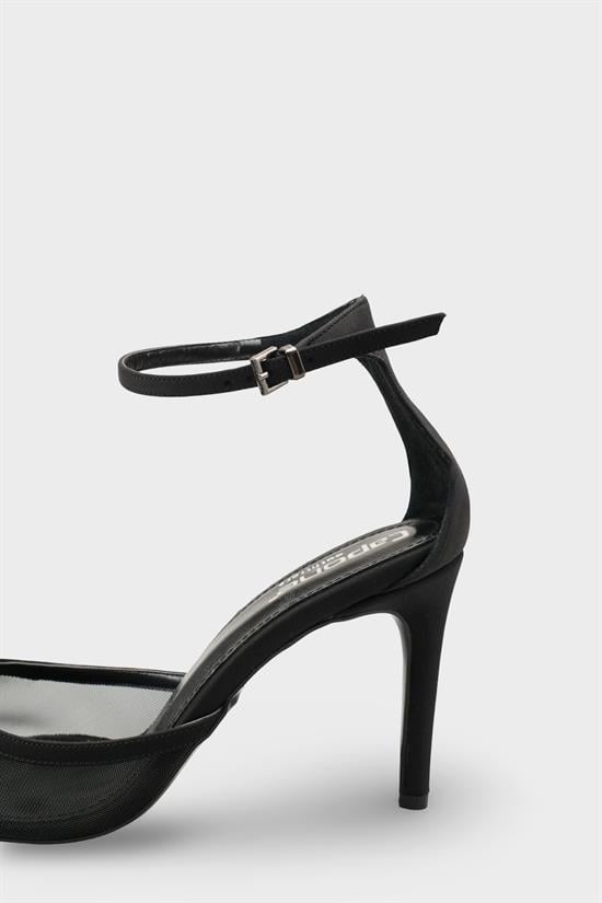 Capone Letitia Genuine Leather Lined Pointed Toe Mid Heel Mesh Satin Women Satin Black Shoe image 5