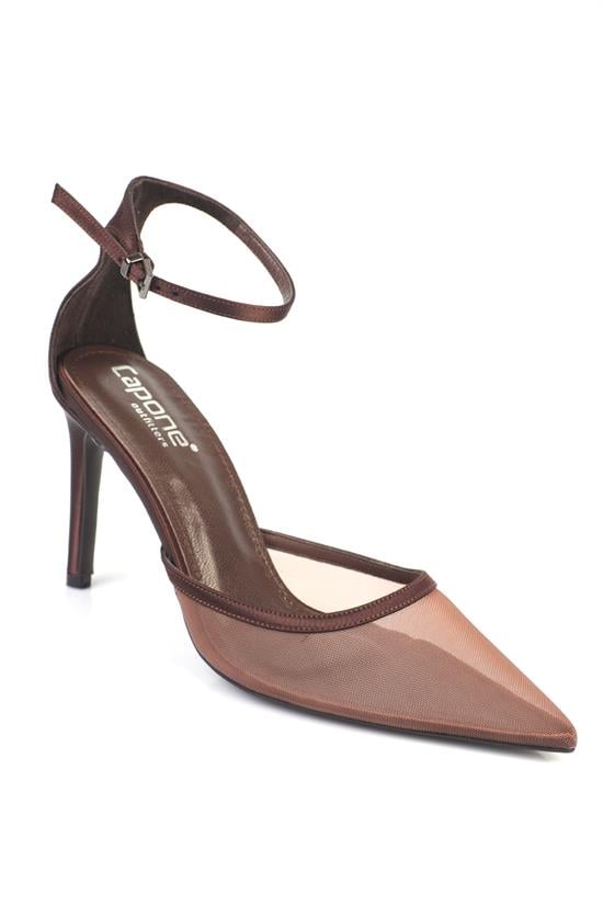 Capone Letitia Genuine Leather Lined Pointed Toe Mid Heel Mesh Satin Women Satin Brown Shoe