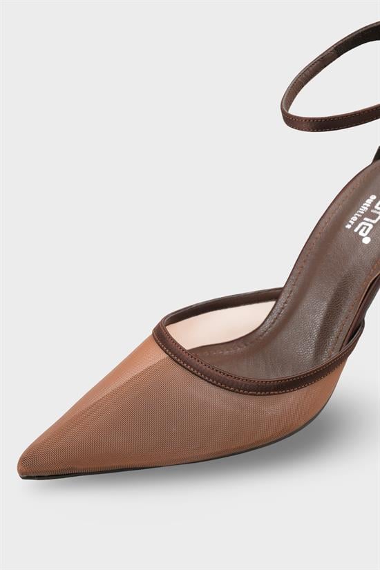 Capone Letitia Genuine Leather Lined Pointed Toe Mid Heel Mesh Satin Women Satin Brown Shoe image 4