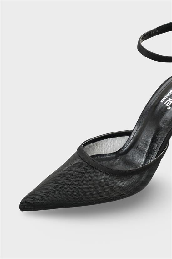 Capone Letitia Genuine Leather Lined Pointed Toe Mid Heel Mesh Satin Women Satin Black Shoe image 4