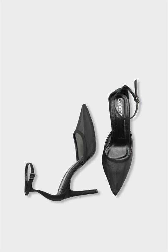 Capone Letitia Genuine Leather Lined Pointed Toe Mid Heel Mesh Satin Women Satin Black Shoe image 6
