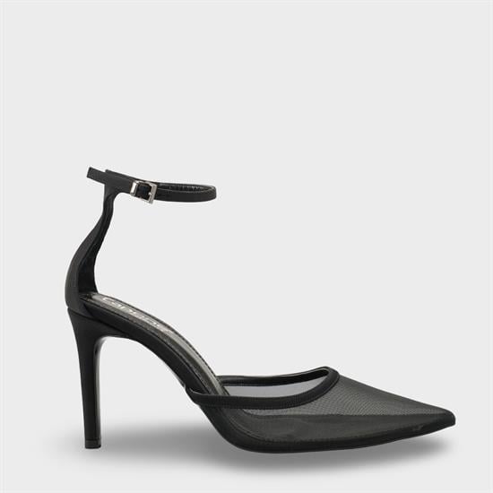 Capone Letitia Genuine Leather Lined Pointed Toe Mid Heel Mesh Satin Women Satin Black Shoe image 2
