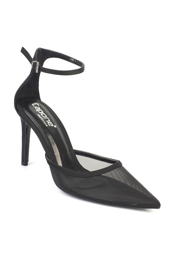 Capone Letitia Genuine Leather Lined Pointed Toe Mid Heel Mesh Satin Women Satin Black Shoe