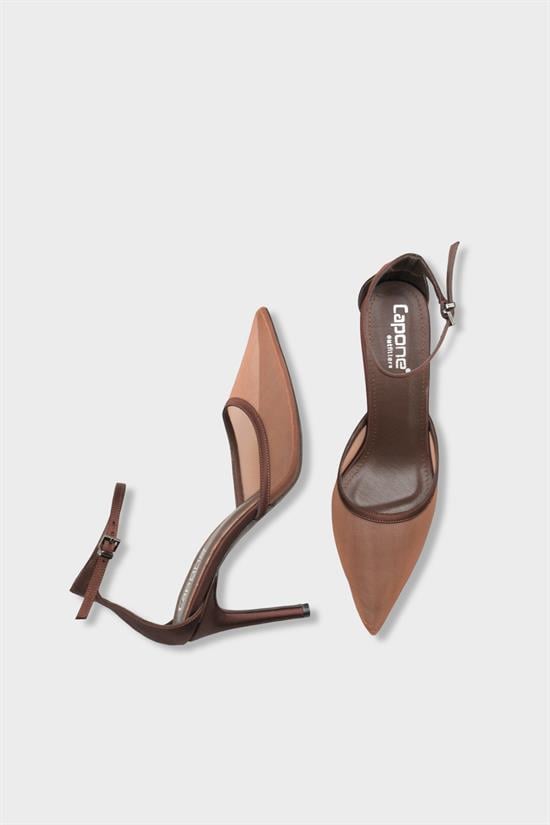 Capone Letitia Genuine Leather Lined Pointed Toe Mid Heel Mesh Satin Women Satin Brown Shoe image 6