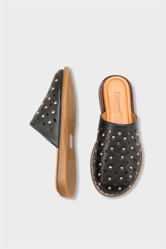 Capone Lidia Genuine Leather Flat Heel Studded Women Black Clog image 6