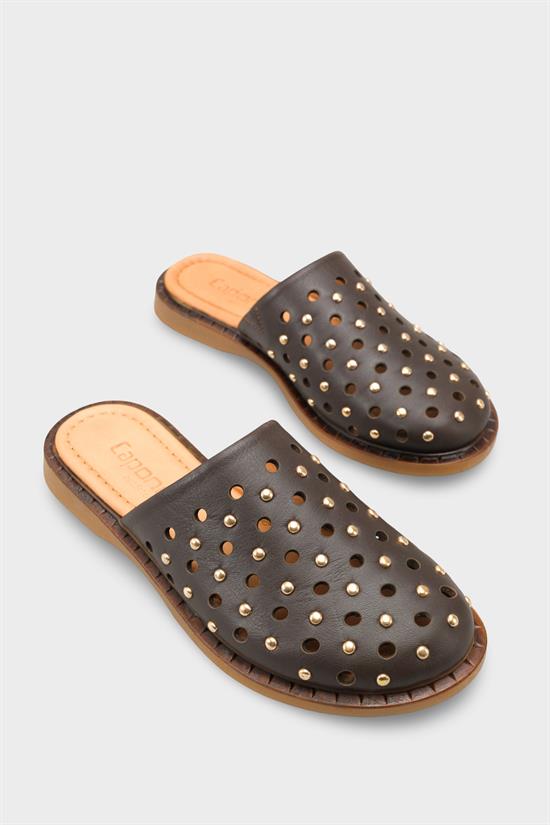 Capone Lidia Genuine Leather Flat Heel Studded Women Brown Clog image 3