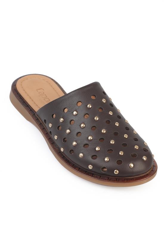 Capone Lidia Genuine Leather Flat Heel Studded Women Brown Clog
