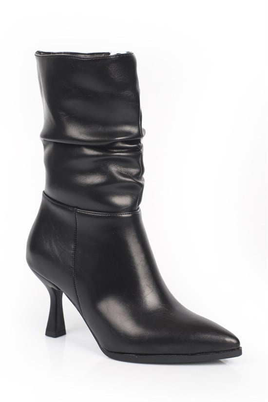 Capone Lilia Patent Look Pointed Toe High Heel Ruched Side Zip Casual Elegant Women Black Ankle Boot