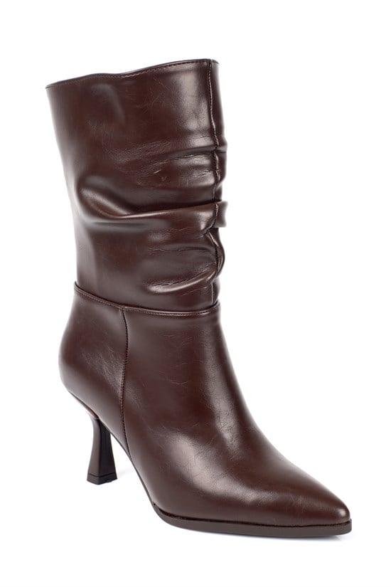 Capone Lilia Patent Look Pointed Toe High Heel Ruched Side Zip Casual Elegant Women Brown Ankle Boot