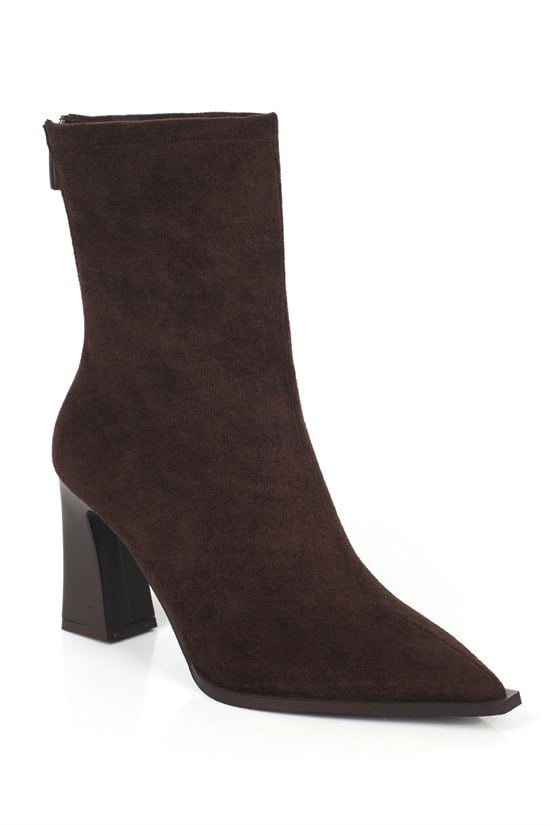 Capone Lizzie Pointed Toe Block Heel Back Zip Elegant Women Sued Brown Ankle Boot