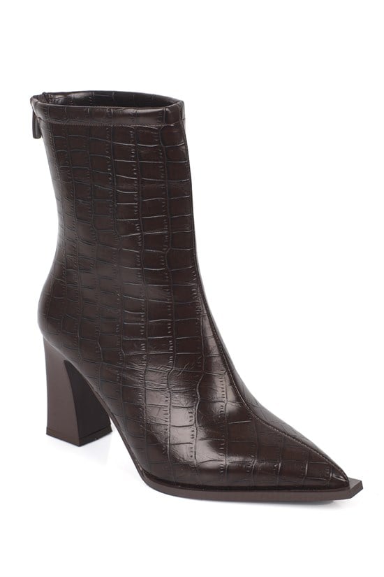 Capone Lizzie Pointed Toe Block Heel Back Zip Elegant Women Brown Ankle Boot