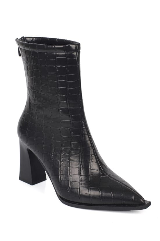Capone Lizzie Pointed Toe Block Heel Back Zip Elegant Women Black Ankle Boot