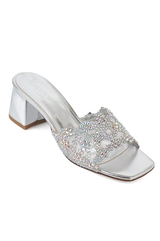 Capone Lois Square Toe Crystal Embellished Mid Heel Elegant Women Metallic Silver Wedding Sandal
