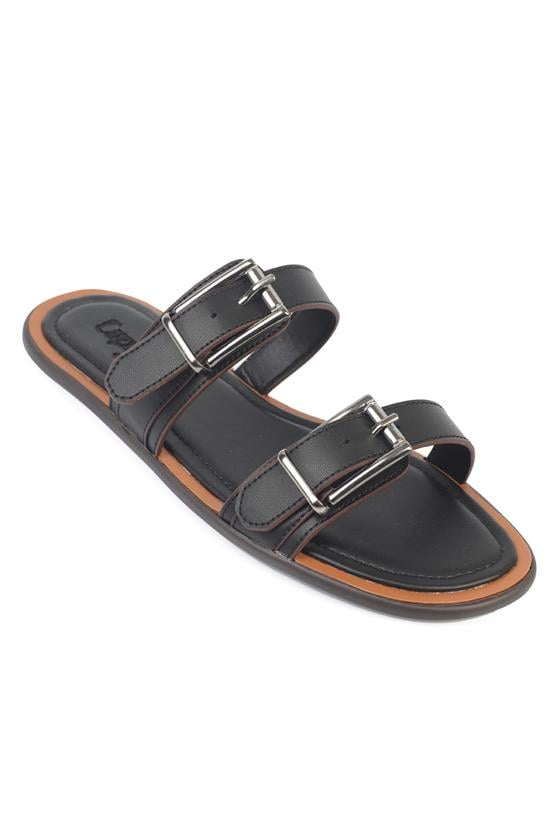 Capone Madalyn Double Buckle Flat Heel Women Black Sandal