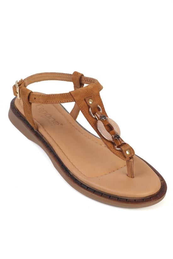 Capone Mallorie Genuine Leather Metal Buckle Flat Heel Women Tan Sandal