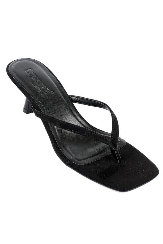 Capone Malory Slim Band Thong Square Toe Low Heel Women Sued Black Sandal