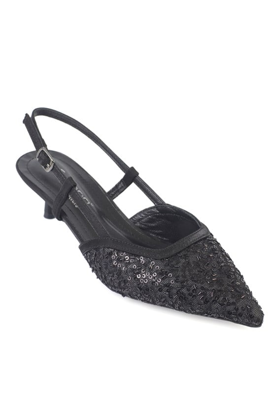 Capone Marianna Genuine Leather Lined Sequin Open Back Women Black Shoe