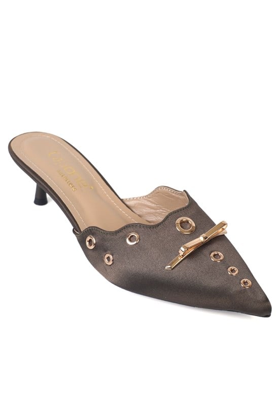 Capone  Mariette Pointed Toe Satin Metal Accessory Genuine Leather Lined Mid Heel Women  Sandal