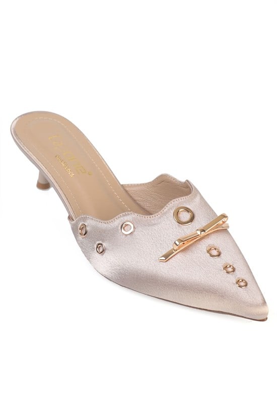 Capone  Mariette Pointed Toe Satin Metal Accessory Genuine Leather Lined Mid Heel Women Satin Mink Sandal