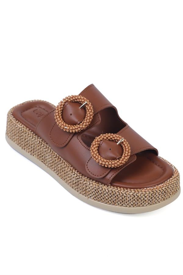 Capone Marla Double Buckle Wedge Heel Comfort Women Tan Sandals