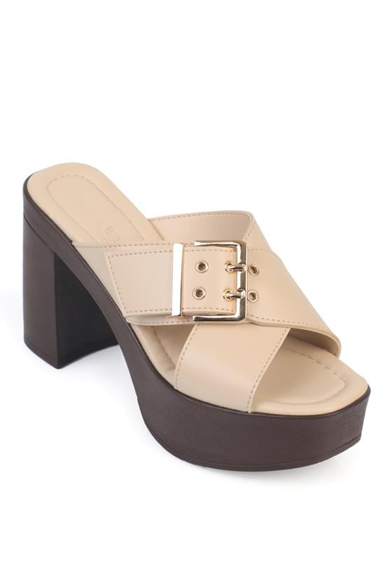 Capone Marlo Platform Cross Band Metal Buckle Women Beige Sandal