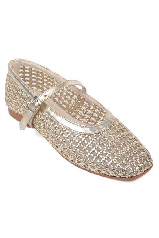 Capone Marnia Buckle Strap Square Toe Raffia Look Women  Ballet Flat