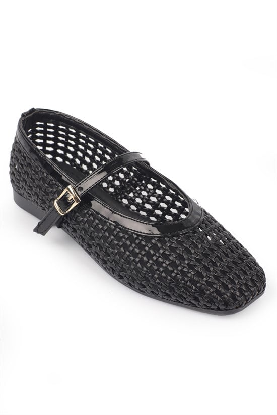 Capone Marnia Buckle Strap Square Toe Raffia Look Women  Ballet Flat
