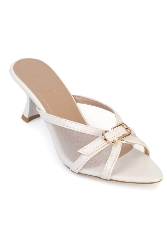 Capone Marnie Pointed Toe Mesh Metal Buckle Mid Heel Elegant Women White Sandal