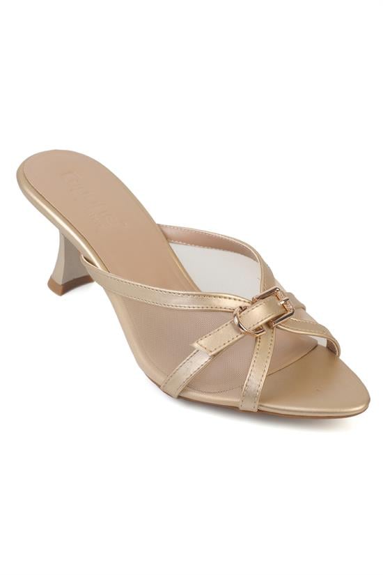 Capone Marnie Pointed Toe Mesh Metal Buckle Mid Heel Elegant Women Gold Sandal