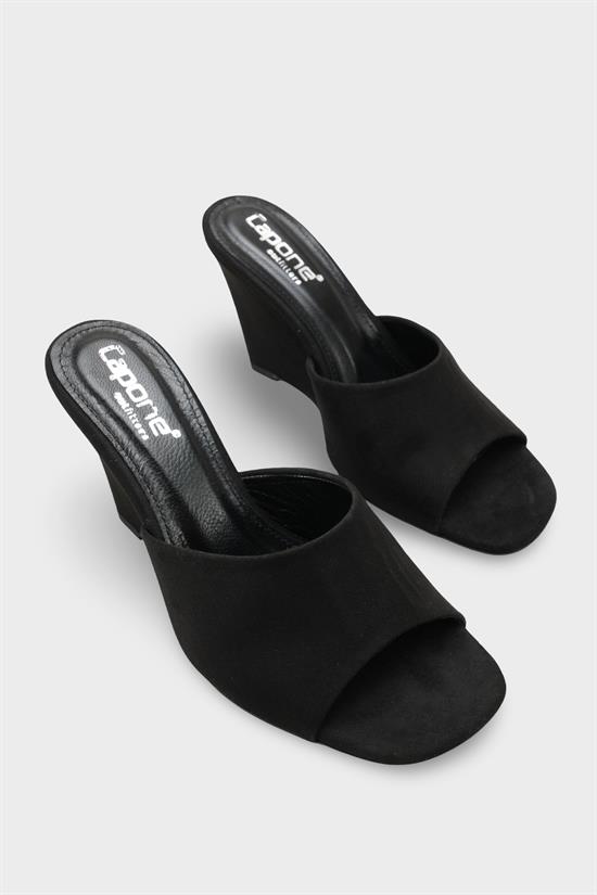 Capone Maurene Genuine Leather Lined Wedge Heel Women Sued Black Sandal image 3