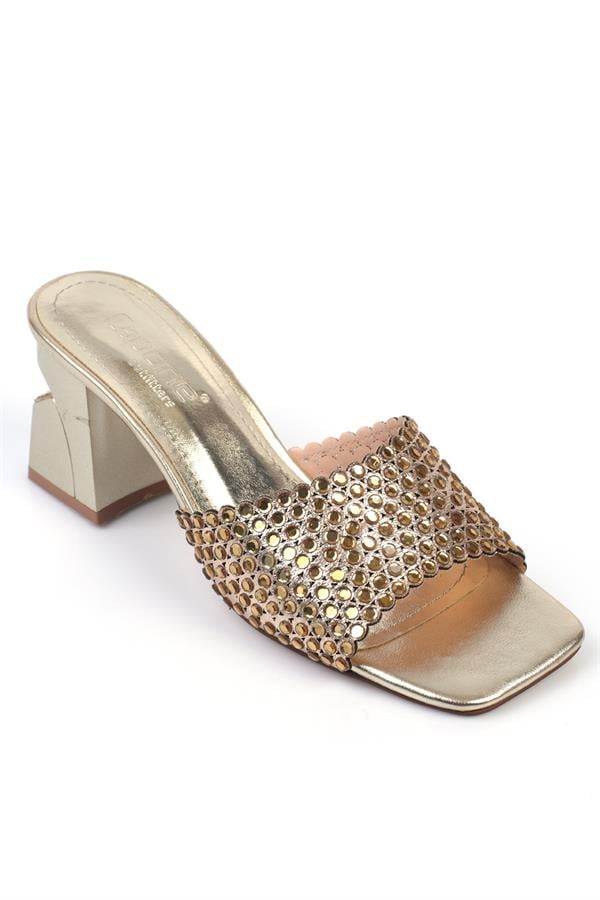 Capone Lora Medium Heeled Blunt Toe Crystal Embellished Women Metallic Gold Sandals