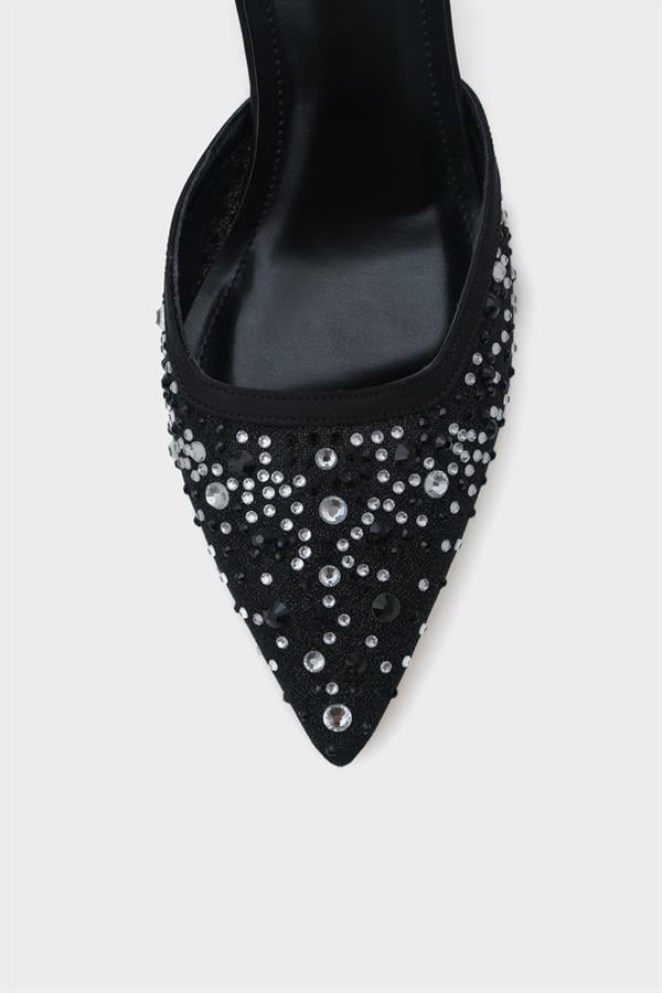 Capone Rhona Medium Heeled Mesh Full Crystal Embellished Metal Heeled Women Black Stylish Shoes image 3