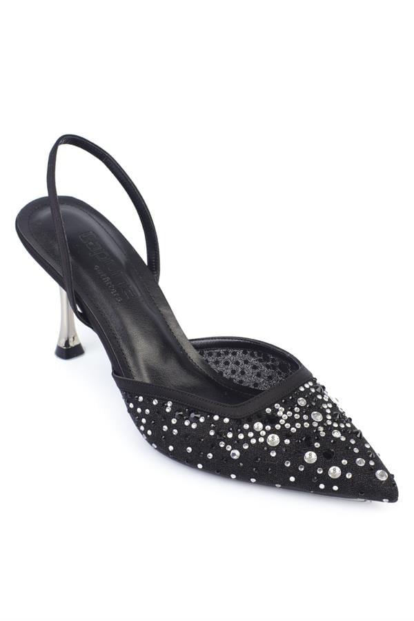 Capone Rhona Medium Heeled Mesh Full Crystal Embellished Metal Heeled Women Black Stylish Shoes