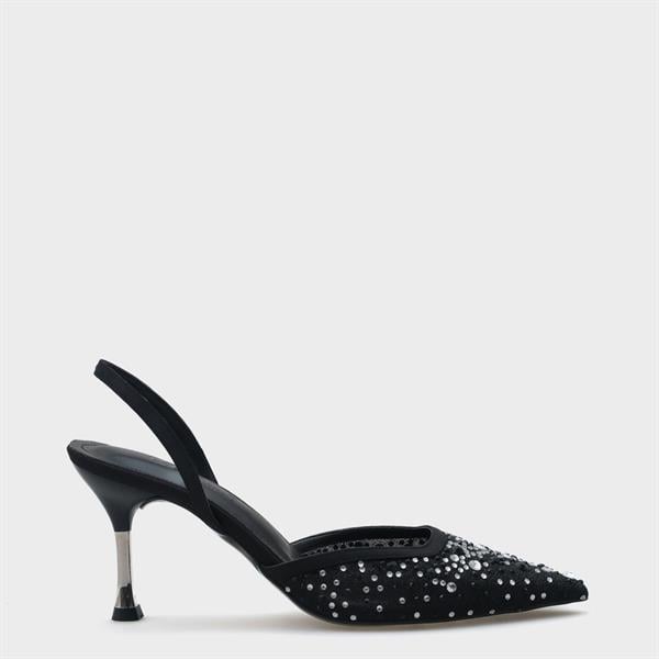 Capone Rhona Medium Heeled Mesh Full Crystal Embellished Metal Heeled Women Black Stylish Shoes image 2