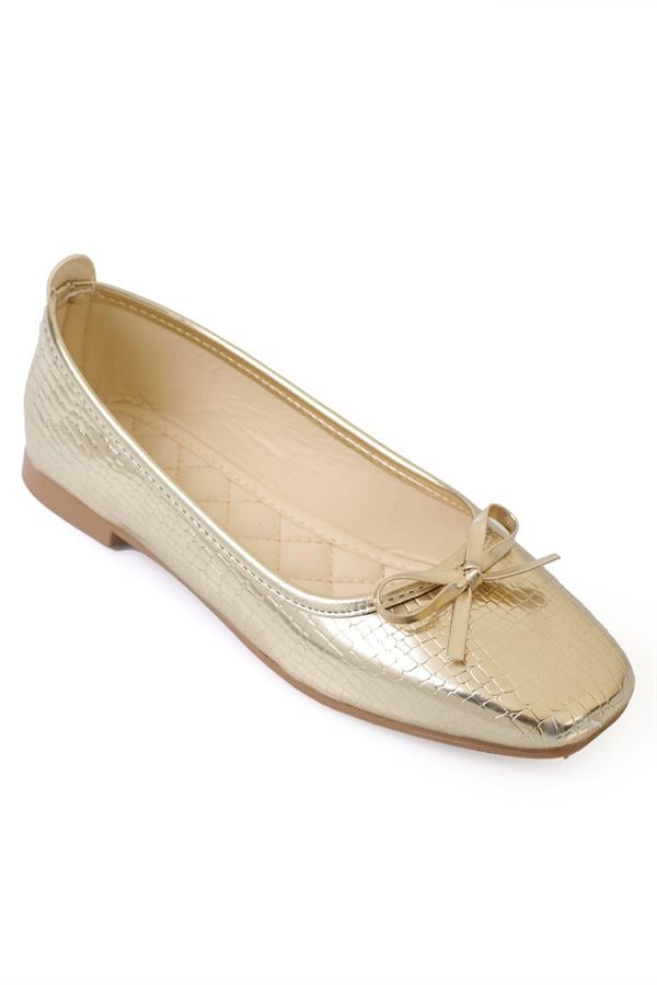 Capone Mela Bow Detail Flat Heel Casual Women Croco Gold Beige Ballet Flat