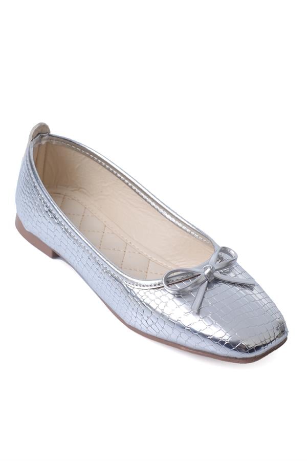 Capone Mela Bow Detail Flat Heel Casual Women Croco Silver Beige Ballet Flat