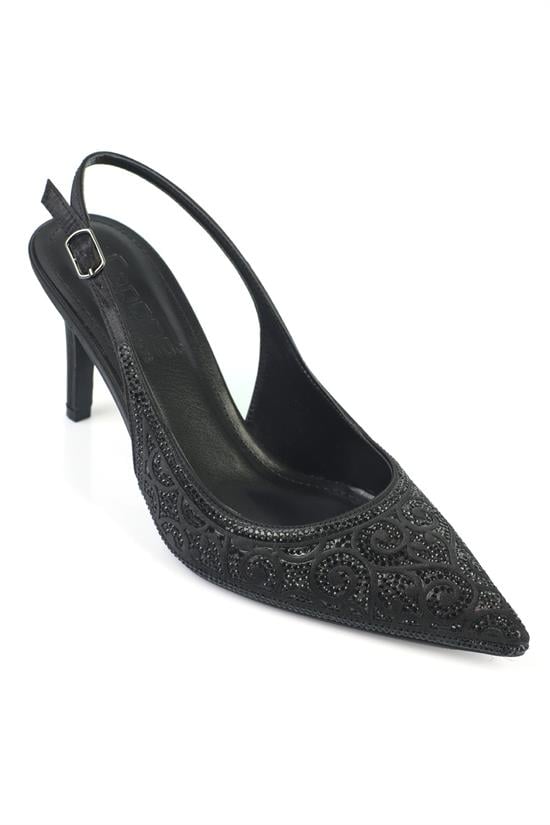 Capone Melony Mid Heel Crystal Embellished Open Back Satin Women Satin Black Wedding Shoe