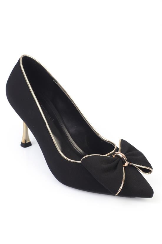 Capone Metal Mid-Heeled Bow Tie Satin Women Satin Black Shoes