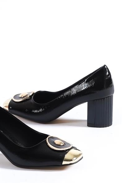 Capone Metalic Blunt Toe Block Mid Heel Chic Women Black Shoes image 4